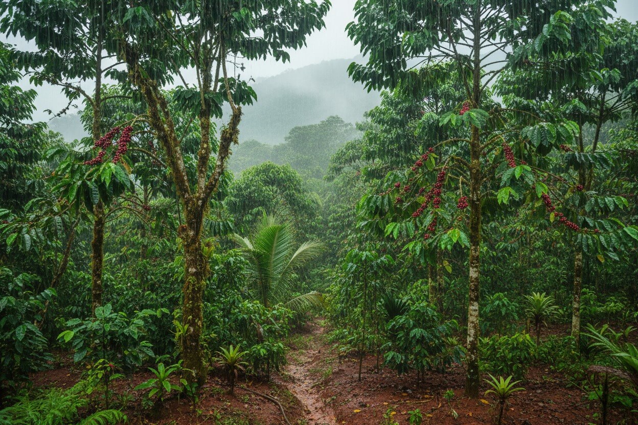 Lowland tropical climates with a Hot, humid environments with abundant rainfall Tall, and  coffee plants, often reaching 15–20 metres tall