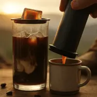 Close‑up of an AeroPress as the plunger is pushed, forcing coffee through the filter.