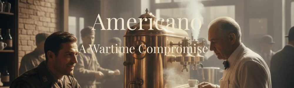 A 1940s Italian cafe scene with a WWII American soldier and an elderly barista, featuring the title "The Americano: A Wartime Compromise" in Antique Cream serif typography.