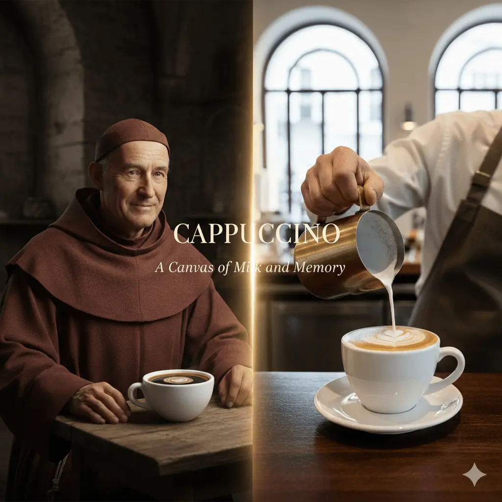 A split-screen composition showing a 17th-century Capuchin monk and a modern barista pouring milk, with the title "Cappuccino: A Heritage of the Hooded Coffee" in elegant serif font.