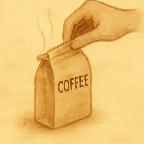 A hand opens a coffee bag with no aroma rising, painted in warm tones
