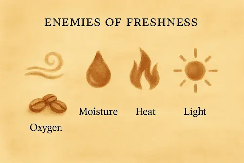 Painterly icons for oxygen, moisture, heat, and light labeled on parchment