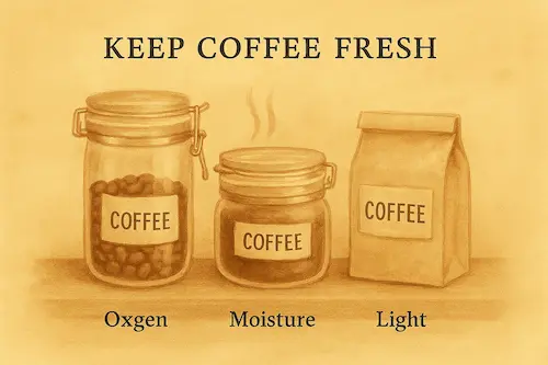 Airtight containers and kraft bags labeled “coffee” on a warm wooden shelf