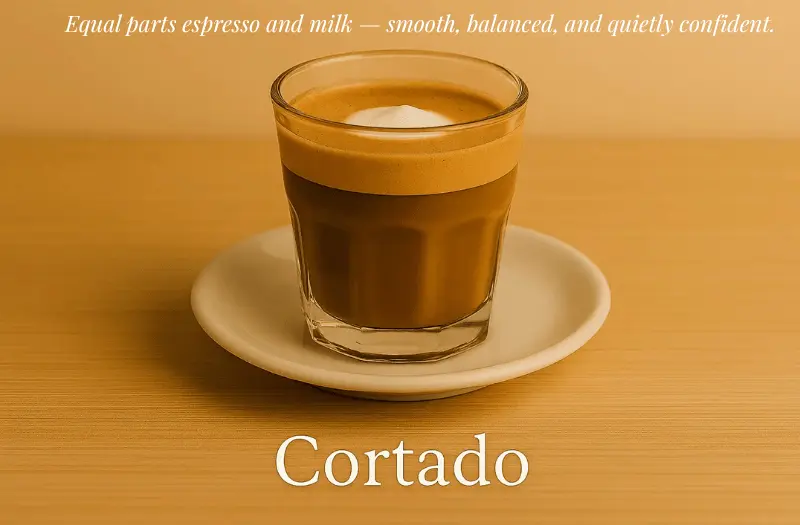 Glass cup of cortado showing distinct layers of espresso and steamed milk, placed on a white saucer over a wooden surface in warm café lighting.