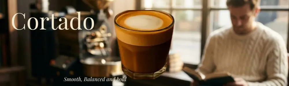 Glass cup of cortado showing distinct layers of espresso and steamed milk, with a back drop of a gent reading a book
