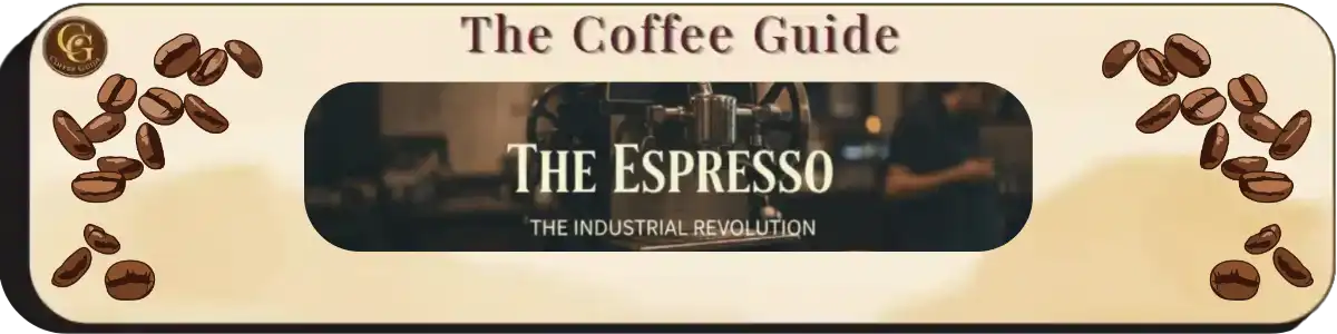 Vintage 1901 Bezzera espresso machine in a dark, moody Italian bar, featuring the title "The Espresso: The Industrial Revolution" in Antique Cream serif typography.