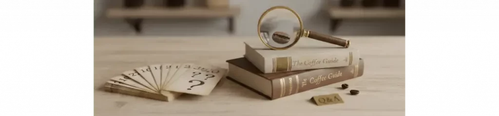 A FAQ header,A wide, shallow shot of a rustic wooden tabletop. On the left, a stack of aged, cream-colored 'Guide Notes' with handwritten question marks. In the center, a high-quality vintage magnifying glass emphasizing a single, perfectly roasted coffee bean. On the right, a leather-bound book spine in Deep Espresso (#2D1B0E) with 'THE COFFEE GUIDE' in clean gold serif font. The lighting is warm and scholarly, using Antique Cream (#F9F4E8) and Muted Brass (#A68966) tones