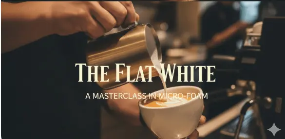 Close-up of a barista's hand pouring silky micro-foam into a cup from a brass pitcher, featuring the title "The Flat White: A Masterclass in Micro-foam.