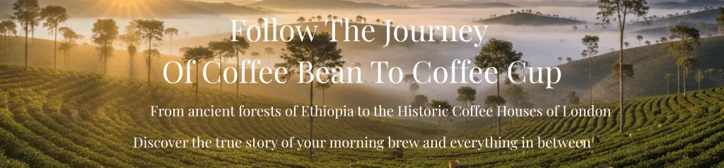 Panoramic view of a lush coffee plantation at sunrise with golden sunbeams filtering through mist and tall shade trees.