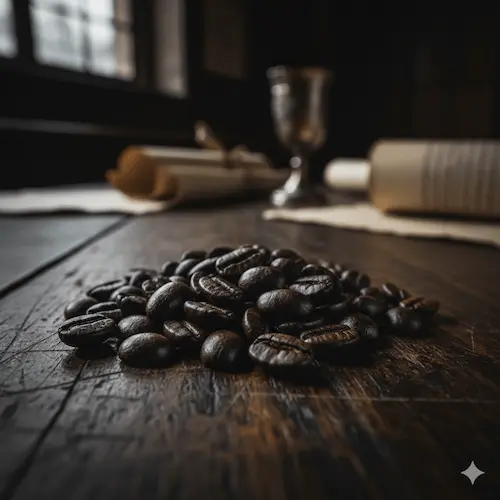 Close-up of dark, oily roasted coffee beans with a metallic antimony sheen, spread on a rustic wooden table with 17th-century parchment scrolls in the background.