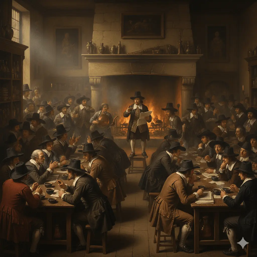 A crowded 17th-century London coffee house, known as a Penny University, featuring men in black period hats debating and reading broadsheets in a smoky, candlelit interior with a large stone fireplace.