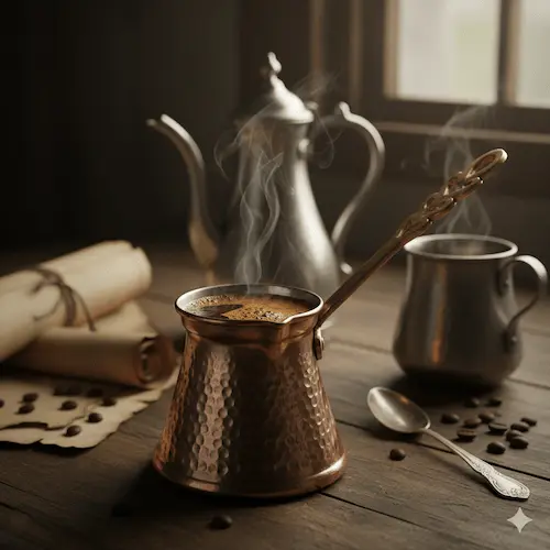 A hammered copper Turkish ibrik with steaming coffee in the foreground, next to a tall pewter English coffee pot and silver cups on a rustic table.
