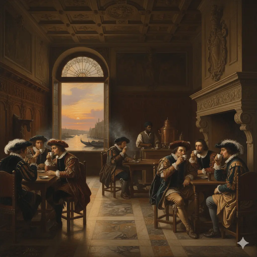 A 17th-century Venetian coffee house interior featuring merchants in Renaissance attire drinking coffee at wooden tables, with a large arched window overlooking the Grand Canal and gondolas at sunset.