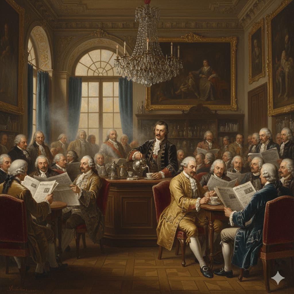 A historic 1683 Viennese coffee house interior featuring Jerzy Kulczycki pouring milk into coffee at the Blue Bottle cafe, with patrons in velvet chairs reading newspapers in a refined, high-ceilinged room with a crystal chandelier.