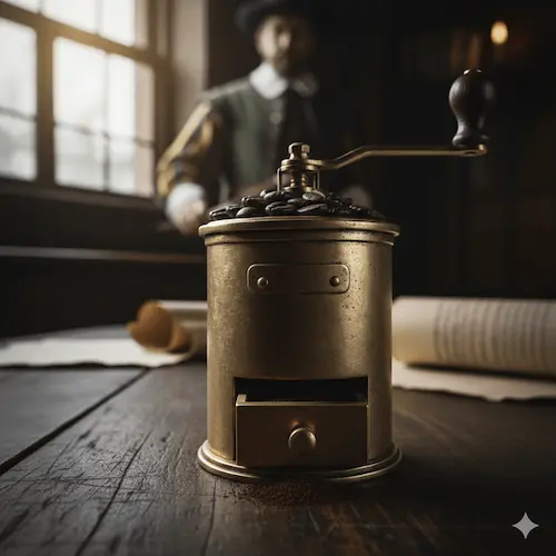 A 17th-century coffee equipment style brass hand-crank coffee mill with a small wooden drawer, sitting on a dark wooden table with scattered beans and parchment.