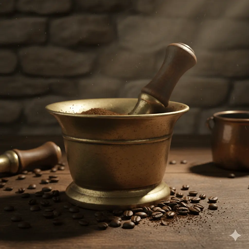 A close-up of a weathered brass mortar and pestle filled with ground coffee, surrounded by scattered dark roasted beans on a rustic wooden table.