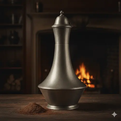 a Pewter Pot standing on an old wooden table in front of an open log fire