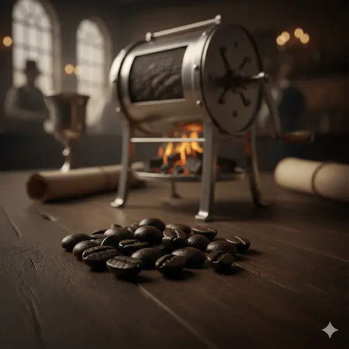 A historical reconstruction of Elford’s white iron cylindrical coffee roaster with a hand crank, suspended over a charcoal fire on a wooden table.
