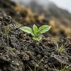 A close-up square thumbnail for The Coffee Guide, showing a resilient young wild coffee seedling growing in dark, rugged volcanic terrain.