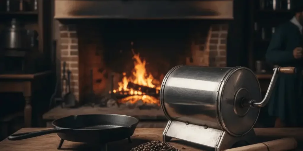 17th-century London coffee roasting equipment "The Iron and The Antimony" including an iron spider and white iron roaster on a rustic table by a glowing hearth.