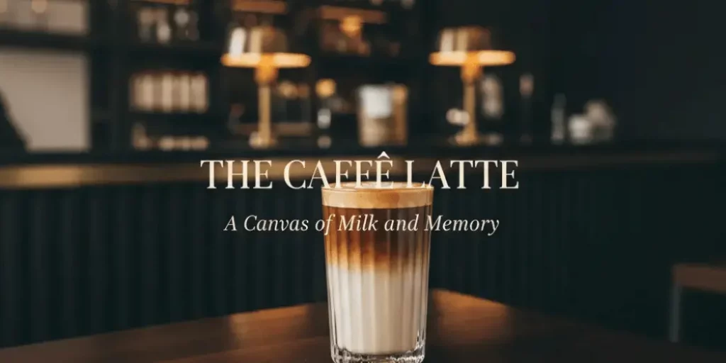 A tall, ribbed glass of layered caffe latte on a dark wood table with bokeh cafe lighting and the title "The Caffè Latte: A Canvas of Milk and Memory."