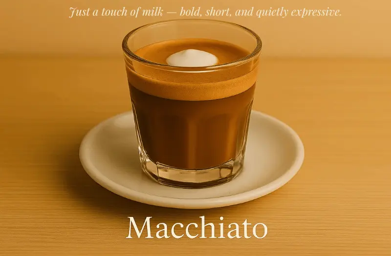 Glass cup of macchiato with a dollop of milk foam on top, sitting on a white saucer over a wooden surface in warm café lighting.