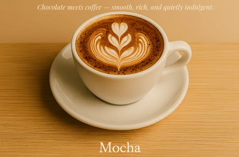 White ceramic cup of mocha with heart‑shaped latte art and cocoa dusting, on a wooden surface with warm lighting.
