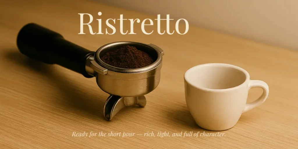 Portafilter filled with finely ground coffee beside a small white espresso cup on a wooden countertop — a minimalist setup for pulling a ristretto shot.