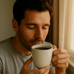 A young man with closed eyes and a calm expression takes his first sip of caffeine from a black coffee in a white mug, bathed in warm morning sunlight near a window with beige curtains.