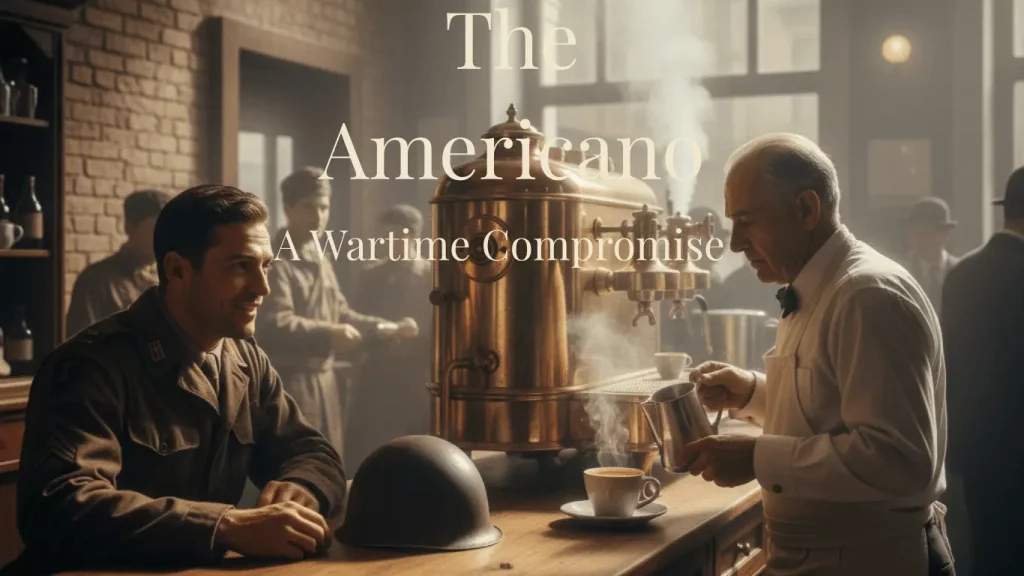 A 1940s Italian cafe scene with a WWII American soldier and an elderly barista, featuring the title "The Americano: A Wartime Compromise" in Antique Cream serif typography.
