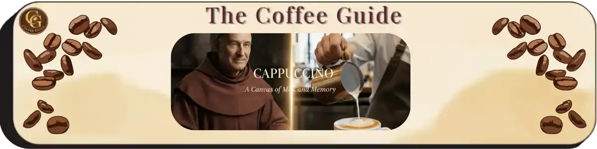 A split-screen composition showing a 17th-century Capuchin monk and a modern barista pouring milk, with the title "Cappuccino: A Heritage of the Hooded Coffee" in elegant serif font.