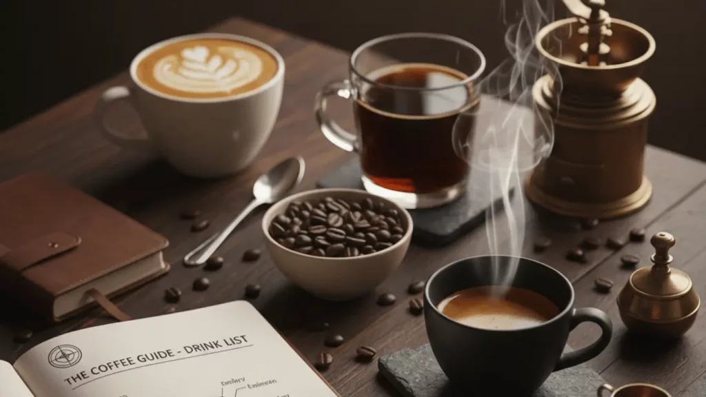 A collection of coffee drinks and a cup of coffee beans with a silver spoon and a book of the coffee list all sitting on an old wooden table