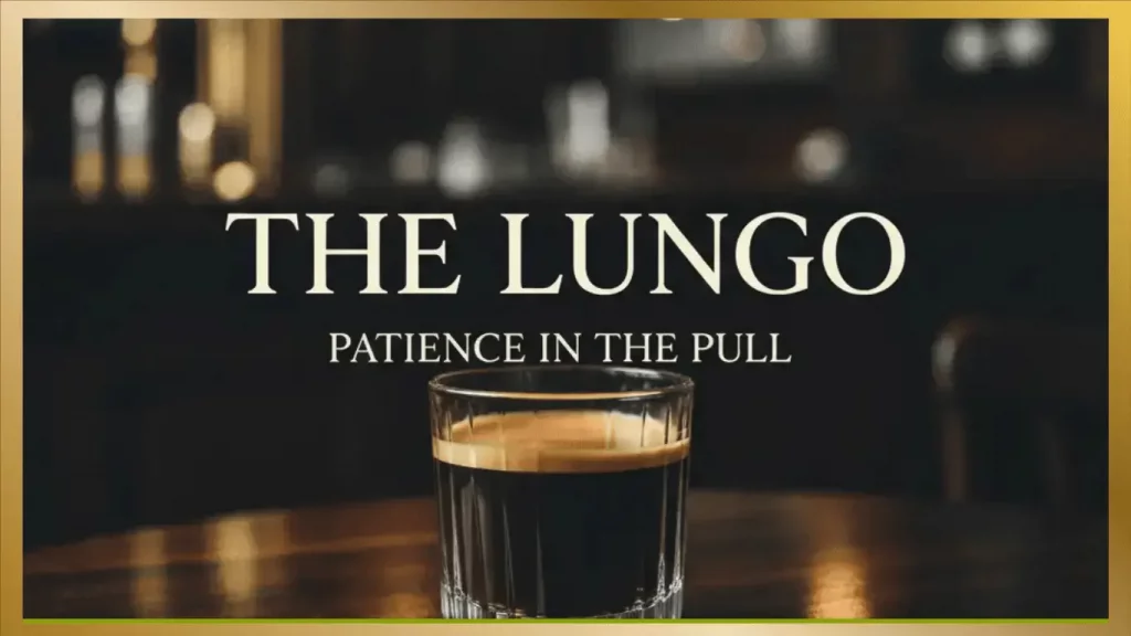 the Lungo Coffee in a glass tumblar sitting on a old wooden table in an Italian styled coffee shop