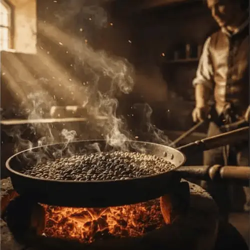 A cast-iron spider skillet a 17th-century coffee equipment roaster roasting coffee beans over an open brick hearth with glowing embers and rising smoke.