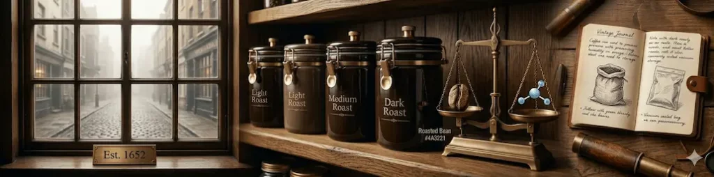 A panoramic banner for The Coffee Guide, showing a foggy London window and modern airtight storage canisters with brass valves, illustrating the science of coffee freshness.