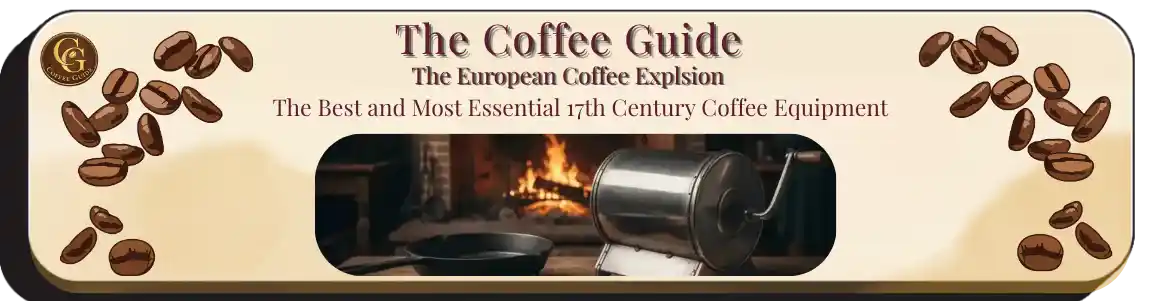 17th-century London coffee roasting equipment "The Iron and The Antimony" including an iron spider and white iron roaster on a rustic table by a glowing hearth.