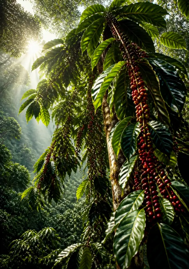Towering Liberica coffee tree plants with lush glossy leaves, ripe cherries, and a misty tropical plantation backdrop.