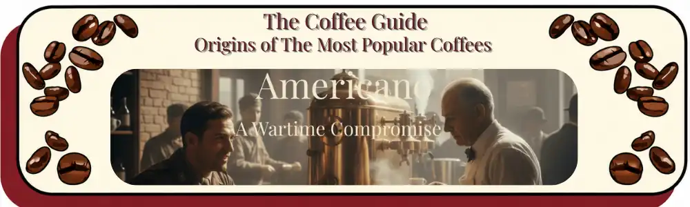 A 1940s Italian cafe scene with a WWII American soldier and an elderly barista, featuring the title "The Americano: A Wartime Compromise" in Antique Cream serif typography.