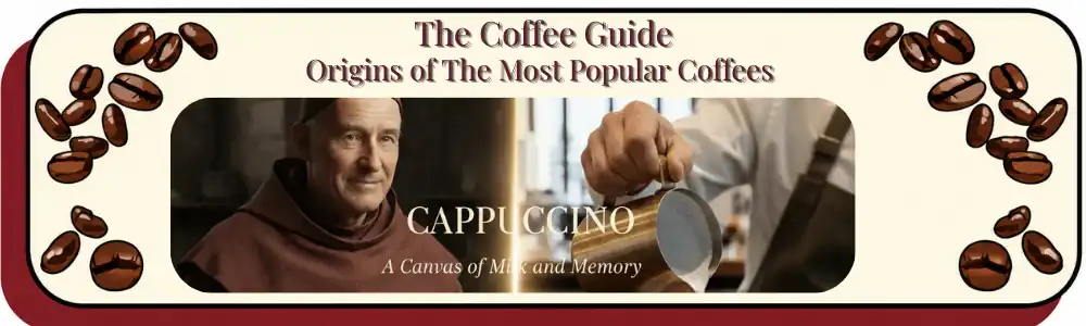 A split-screen composition showing a 17th-century Capuchin monk and a modern barista pouring milk, with the title "Cappuccino: A Heritage of the Hooded Coffee" in elegant serif font.
