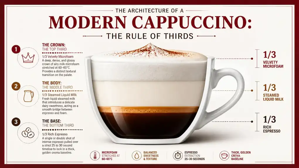 Technical infographic diagram with a Deep Cherry Red border mapping the equal thirds architecture of espresso, steamed milk, and microfoam in a classic cappuccino