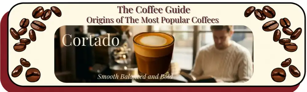 Glass cup of cortado showing distinct layers of espresso and steamed milk, with a back drop of a gent reading a book