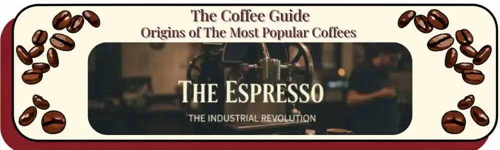 Vintage 1901 Bezzera espresso machine in a dark, moody Italian bar, featuring the title "The Espresso: The Industrial Revolution" in Antique Cream serif typography.