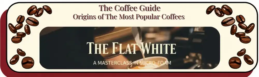 Close-up of a barista's hand pouring silky micro-foam into a cup from a brass pitcher, featuring the title "The Flat White: A Masterclass in Micro-foam.