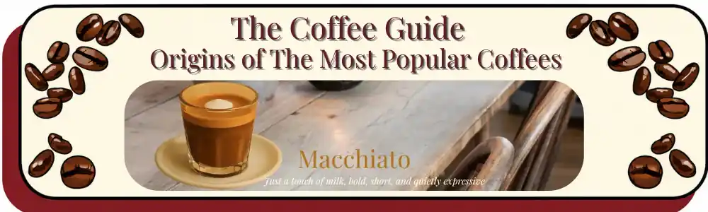 macchiato with a dollop of milk foam on top, sitting on a beige saucer on a wooden table and chairs