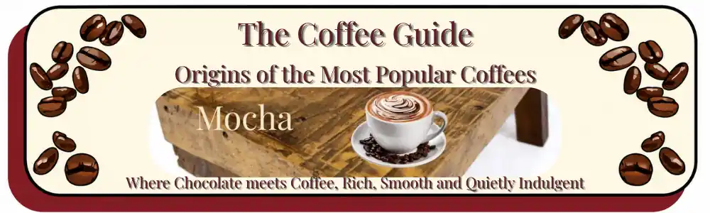 White ceramic cup of mocha with swirls of choclate on a n old wooden table.