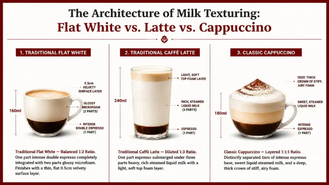 Technical infographic diagram with a Deep Cherry Red border comparing the liquid milk ratios and surface foam architecture of a Flat White, Caffe Latte, and Cappuccino