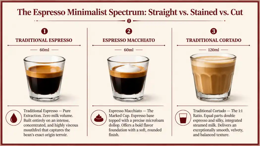 Technical infographic diagram with a Deep Cherry Red border comparing the liquid milk volumes, ratios, and textures of an Espresso, an Espresso Macchiato, and a Cortado