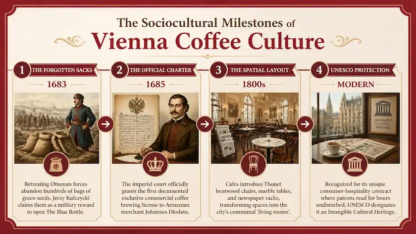 Technical infographic timeline flowchart with a Deep Cherry Red border mapping the historical evolution of Vienna coffee culture from the 1683 Siege to UNESCO protection status