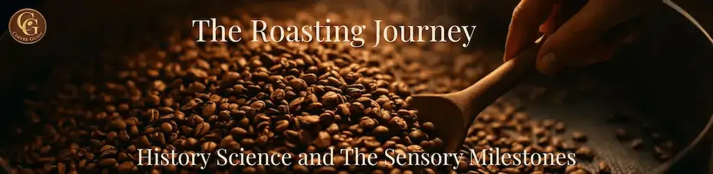 a roasting tray with fresh coffee beans being hand roasted and tuned by the hand of the roaster