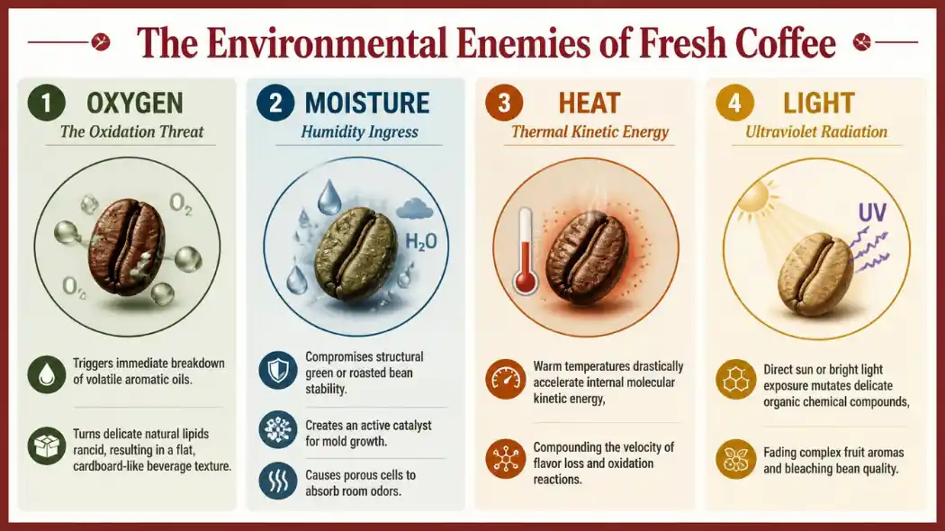 Technical infographic chart with a Deep Cherry Red border detailing how oxygen, moisture, thermal heat, and ultraviolet light degrade coffee freshness